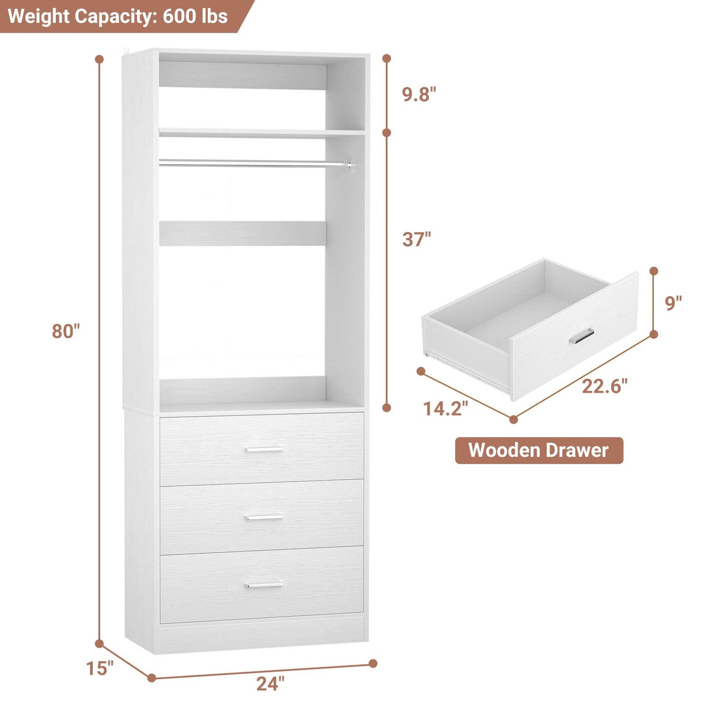 Freestanding 2FT Closet System with 3 Wood Drawers, 24" Closet Organizer System with Hanging Rod & Shelves
