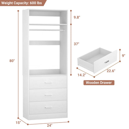 Freestanding 2FT Closet System with 3 Wood Drawers, 24" Closet Organizer System with Hanging Rod & Shelves