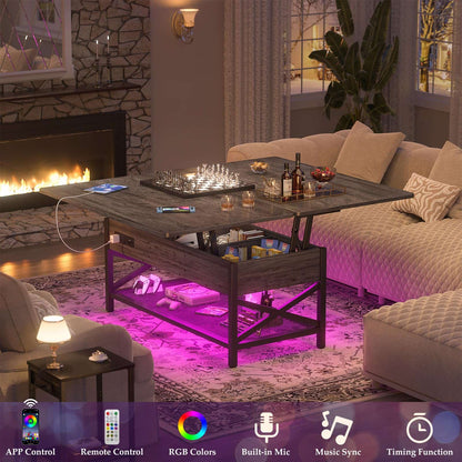 Coffee Table Lift Top with LED Light and Power Outlet, Multi-Function Coffee Table Converts to Dining Table