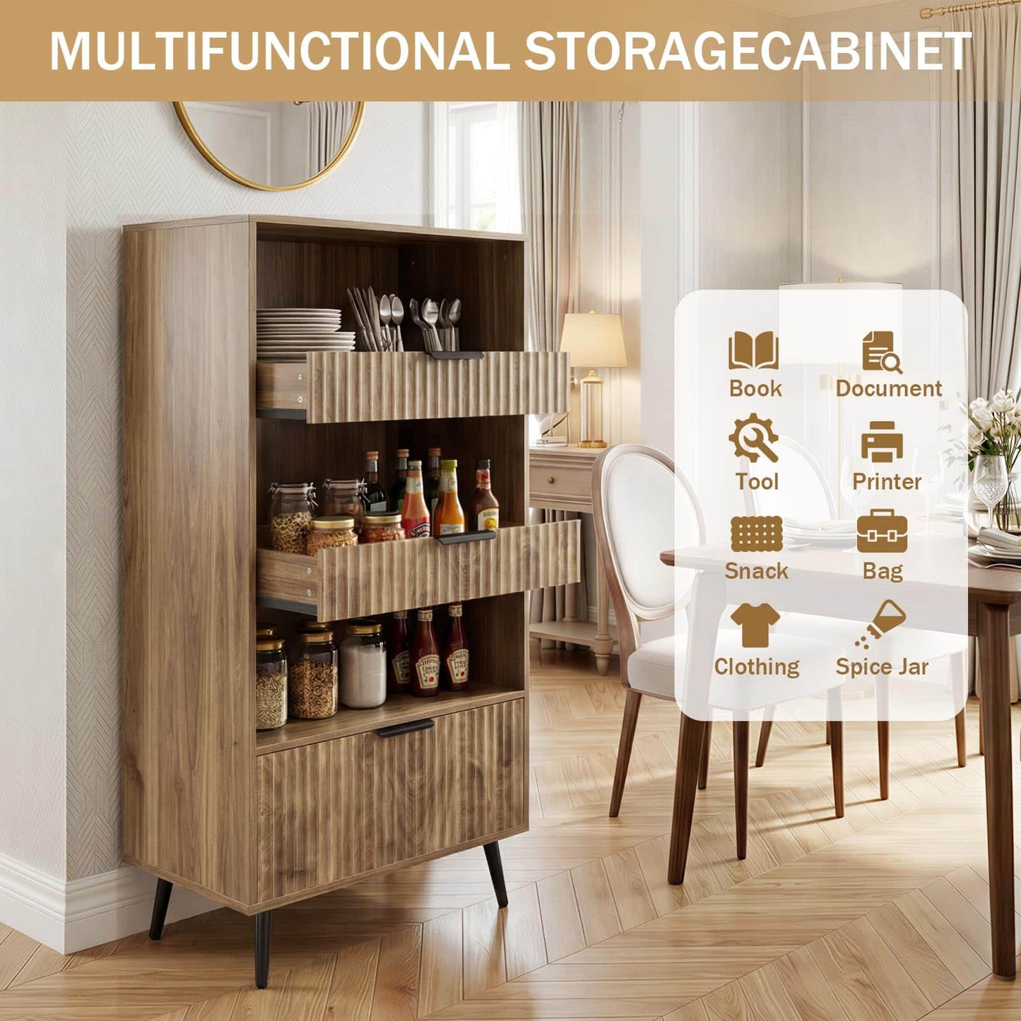 Modern Fluted Storage Cabinet, 51.2" Tall Freestanding Organizer with 3 Drawers & Open Shelf, Versatile Pantry Cabinet for Bathroom, Kitchen, Entryway - Narrow Design for Small Spaces