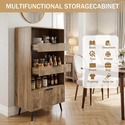 Modern Fluted Storage Cabinet, 51.2" Tall Freestanding Organizer with 3 Drawers & Open Shelf, Versatile Pantry Cabinet for Bathroom, Kitchen, Entryway - Narrow Design for Small Spaces