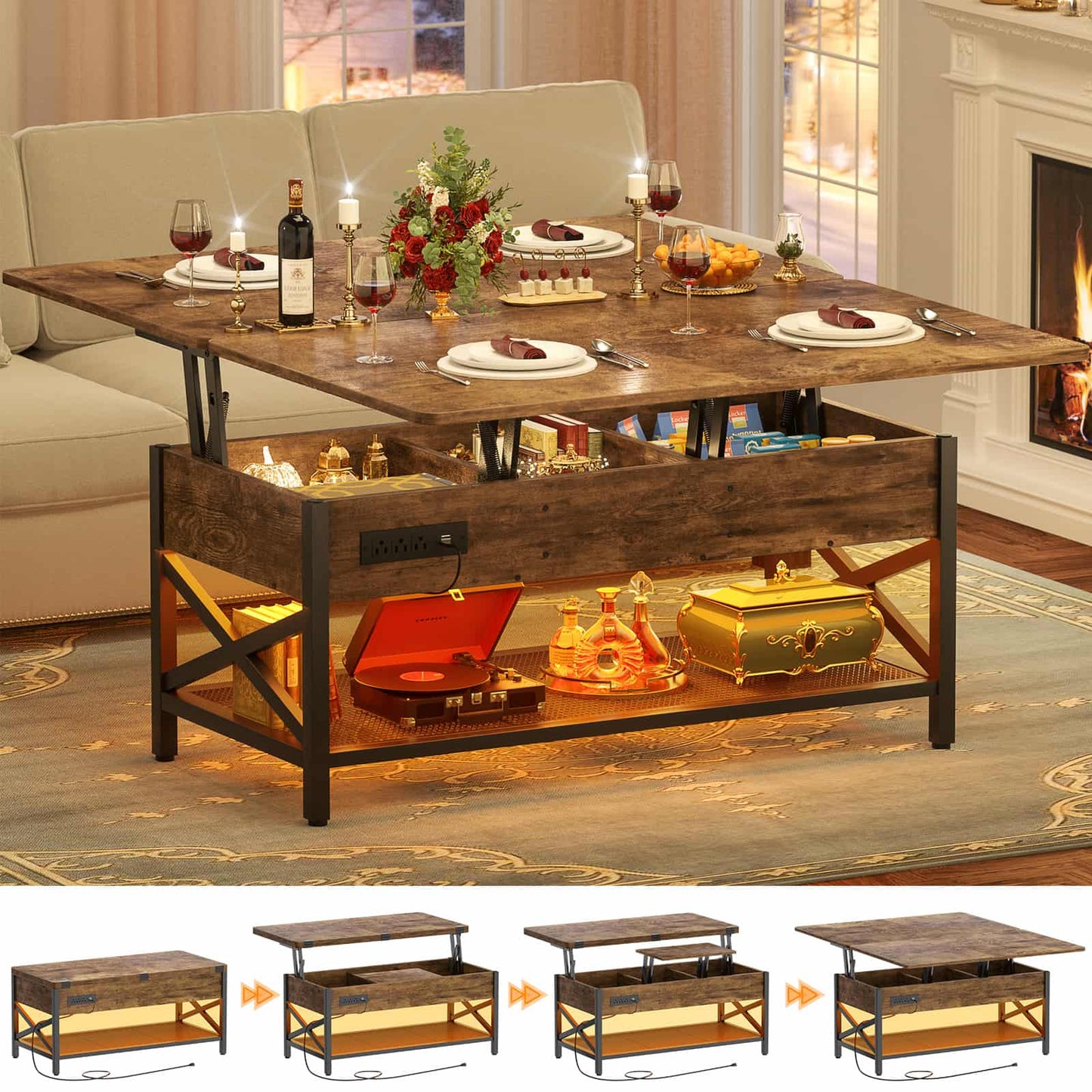 Coffee Table Lift Top with LED Light and Power Outlet, Multi-Function Coffee Table Converts to Dining Table