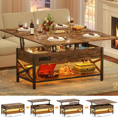 Coffee Table Lift Top with LED Light and Power Outlet, Multi-Function Coffee Table Converts to Dining Table