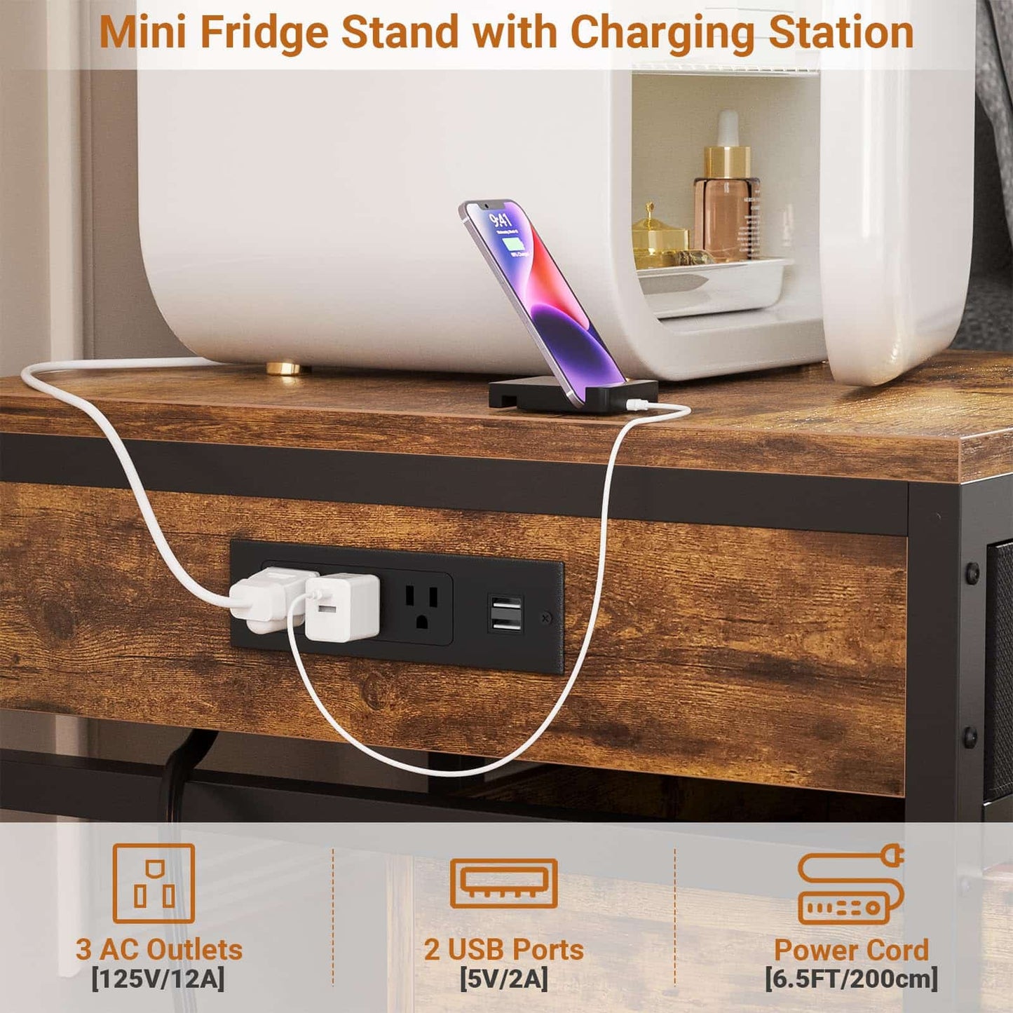 Mini Fridge Stand with Drawer Storage & Sockets, Heavy Duty Mini Refrigerator table with Rolling Cabinet