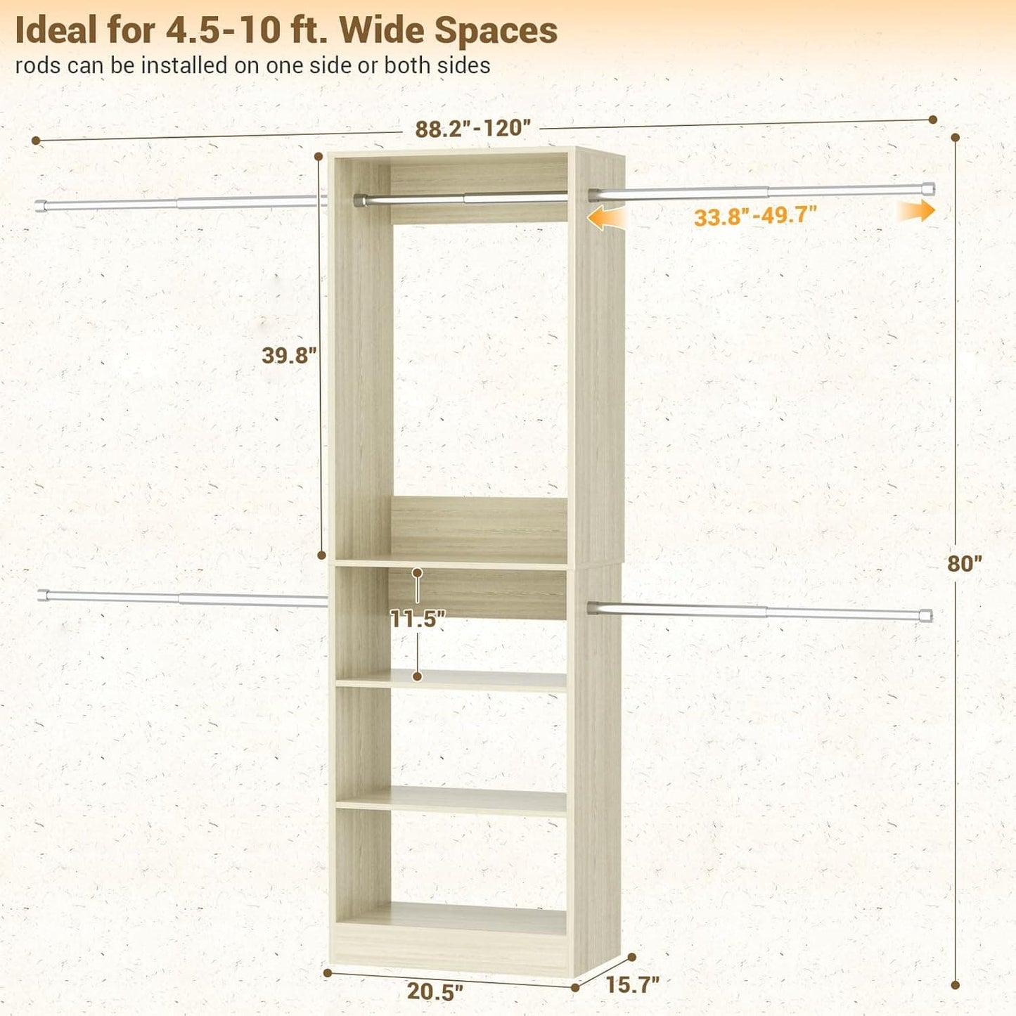 20.5-120'' W Closet Organizer System with 5 Hanging Rods, Shelving Tower