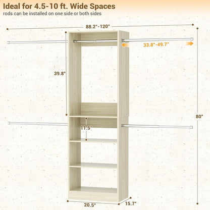 20.5-120'' W Closet Organizer System with 5 Hanging Rods, Shelving Tower