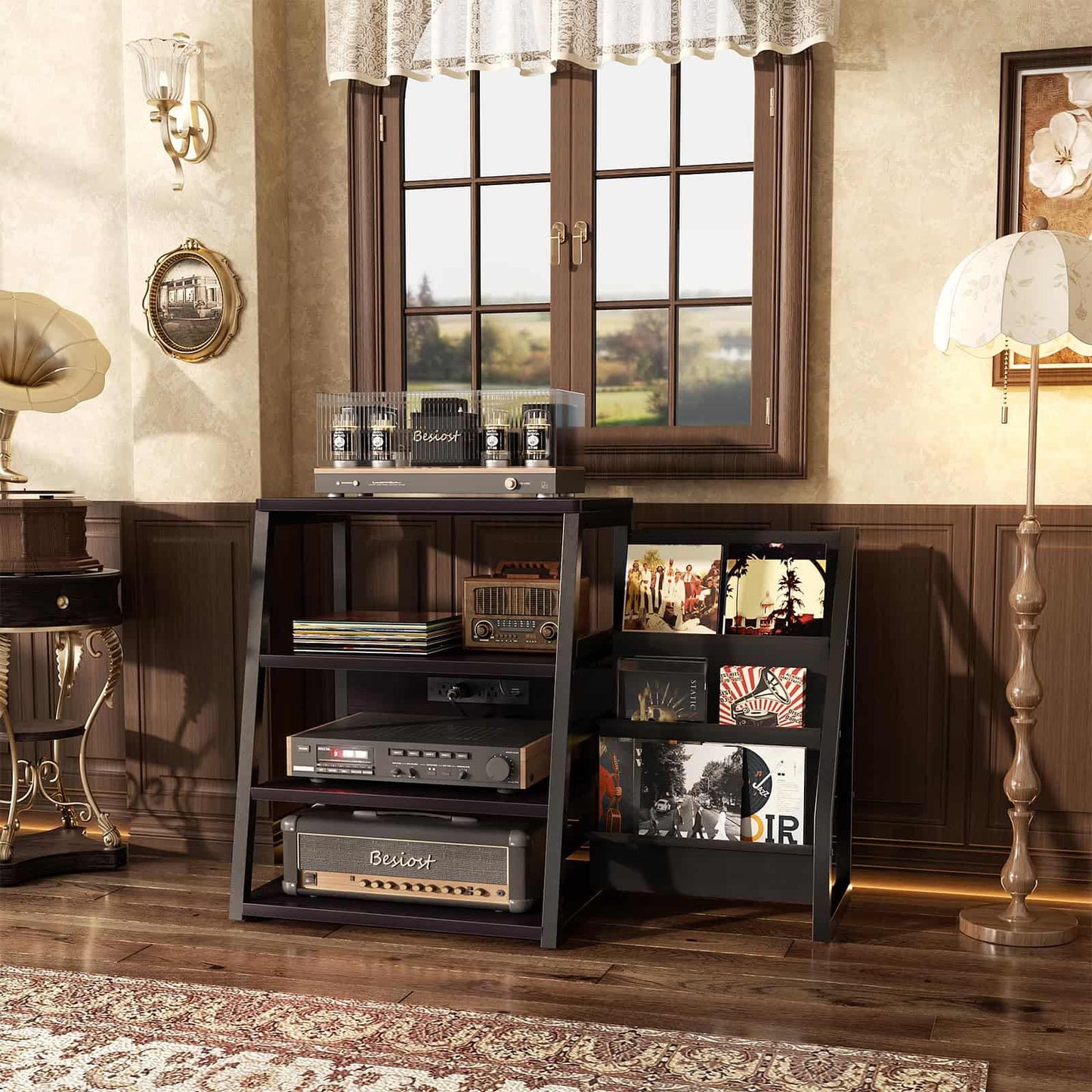 4-Tier Media Stand with Vinyl Storage, Power Outlets & LED Lights