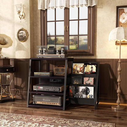 4-Tier Media Stand with Vinyl Storage, Power Outlets & LED Lights