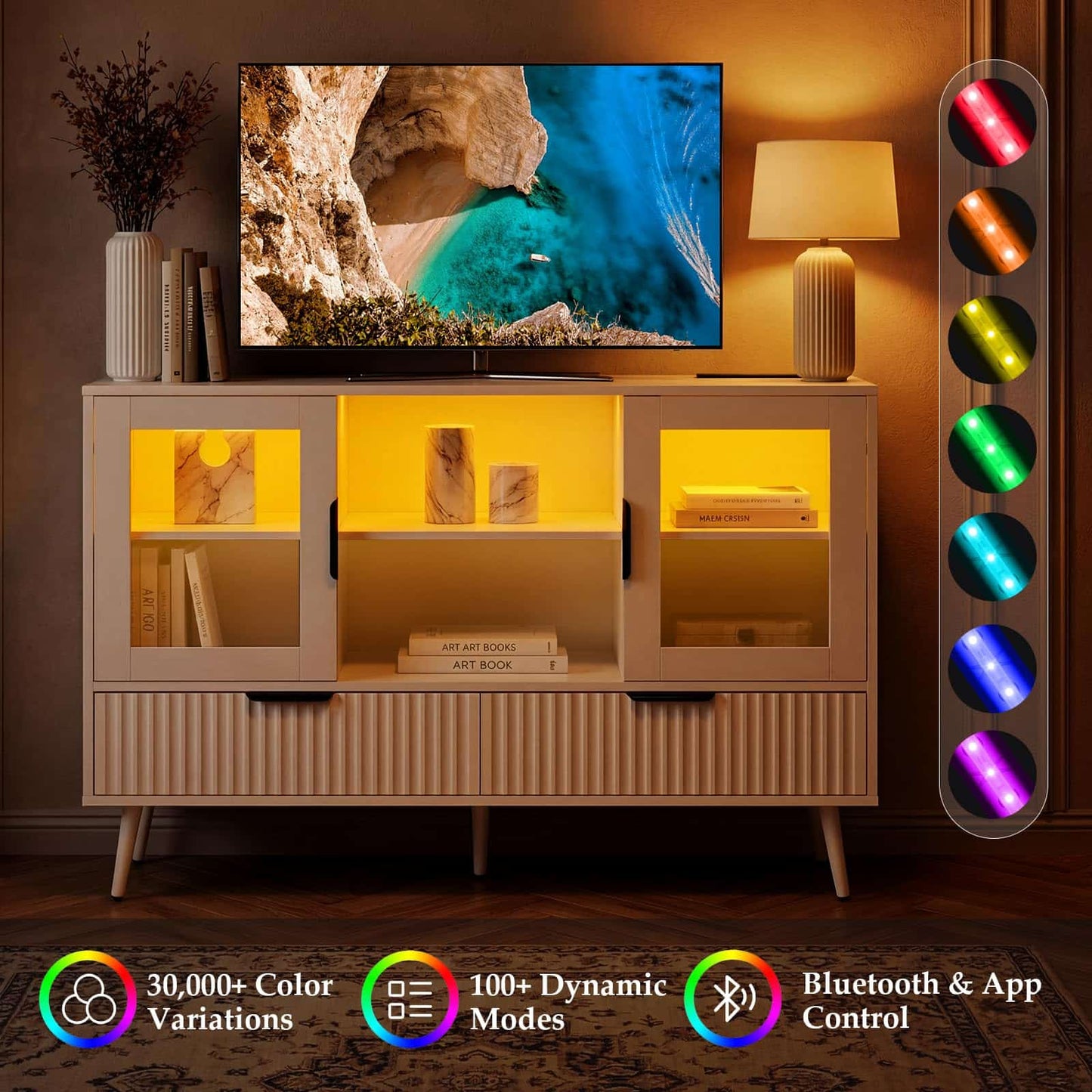 RGB LED TV Stand with Power Outlet, 45" Entertainment Center with 8 Storage Drawers & Cabinets, Vanity Storage Cabinet ,Media Console Fits 30"-55" TVs for Living Room Bedroom
