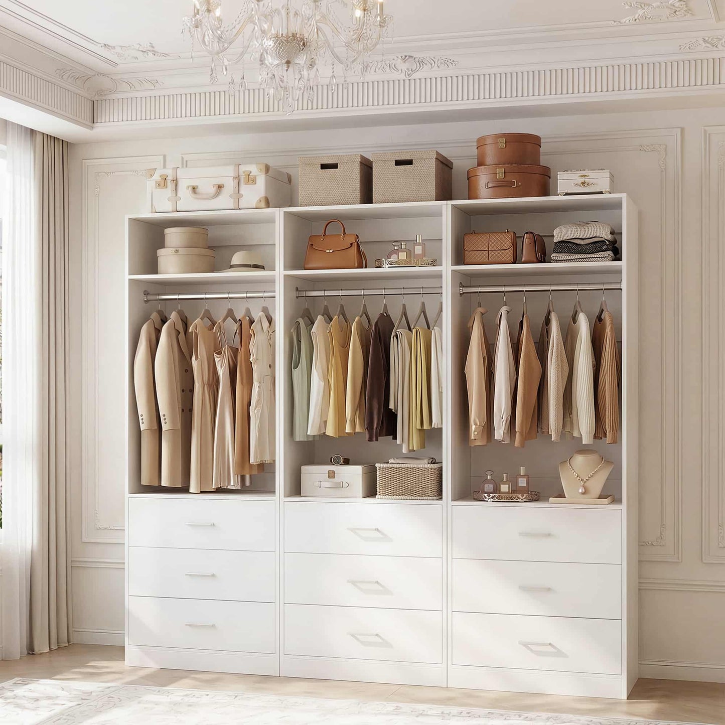 Freestanding Closet System Set - 3-Pack with 3 Wood Drawers Each,With Hanging Rod & Shelves, 24"L x 15"W x 80"H