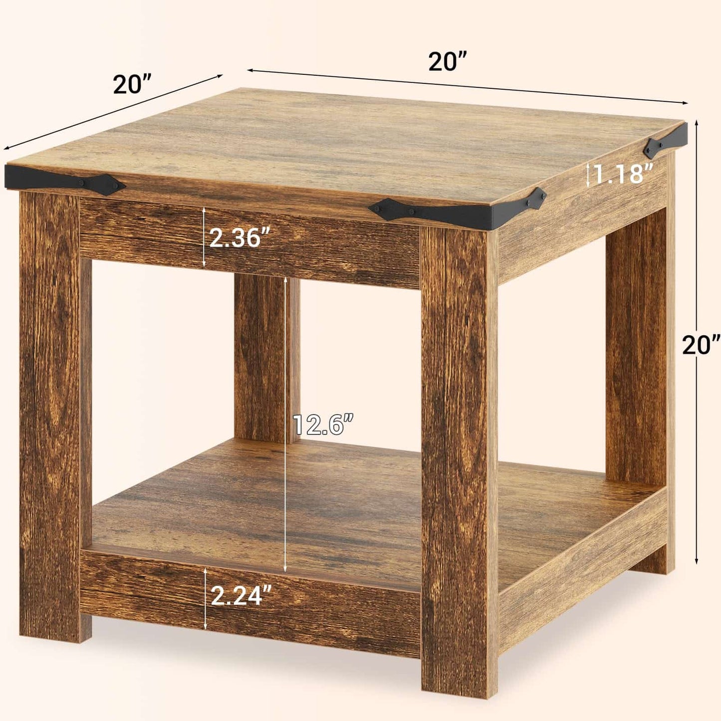 20-Inch Square Farmhouse End Table with Storage Shelf - Industrial Style for Bedroom & Living Room