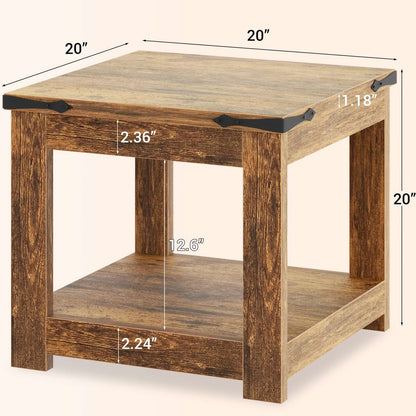 20-Inch Square Farmhouse End Table with Storage Shelf - Industrial Style for Bedroom & Living Room