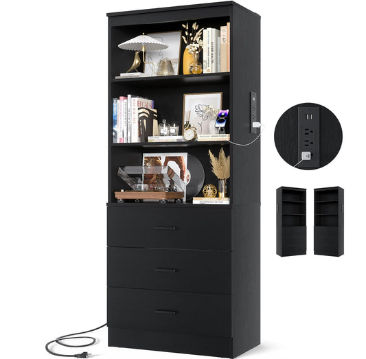 71" Tall Bookcases with 3 Large Drawers & 3 Shelves, Wooden Bookshelf for Living Room Offic