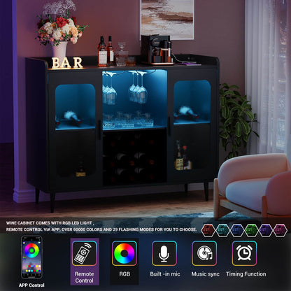 Assembled Wine Bar Cabinet with Power Outlet and LED Lights