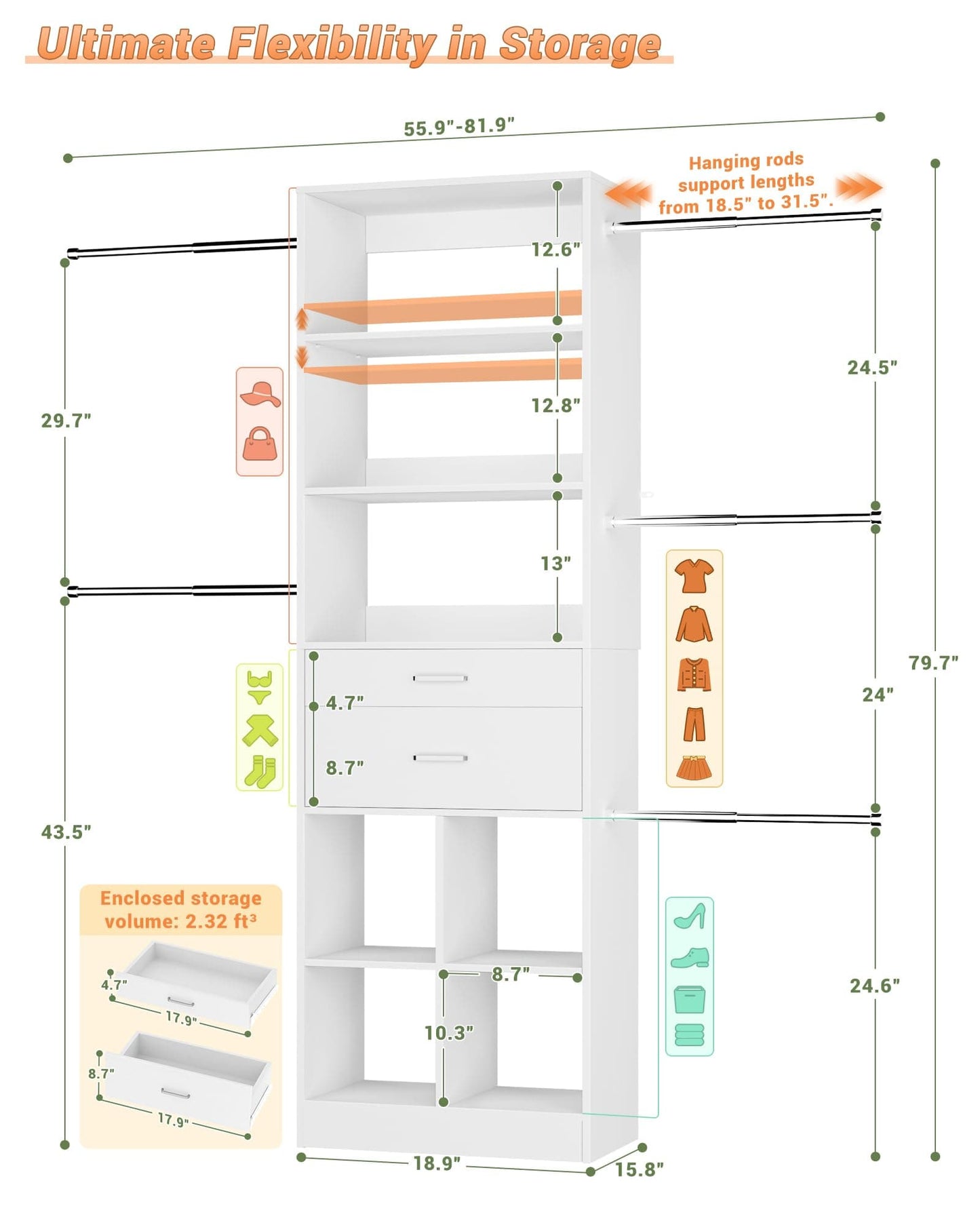 Adjustable Small Closet System, 3.2-6.8FT Expandable Closet Organizer with 2 Wooden Drawers & 5 Heavy-Duty Hanging Rods