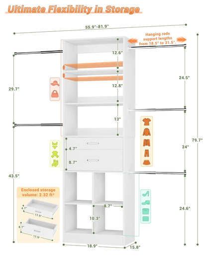 Adjustable Small Closet System, 3.2-6.8FT Expandable Closet Organizer with 2 Wooden Drawers & 5 Heavy-Duty Hanging Rods