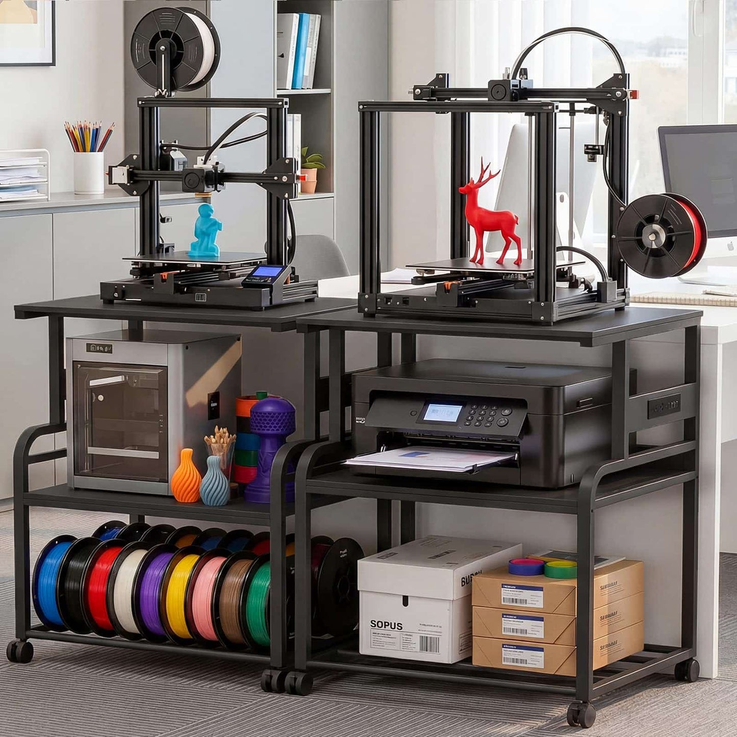 Heavy-Duty 3D Printer Rolling Cart with Power Outlet & Filament Storage, 3-Tier Adjustable Printer Stand for Home Office