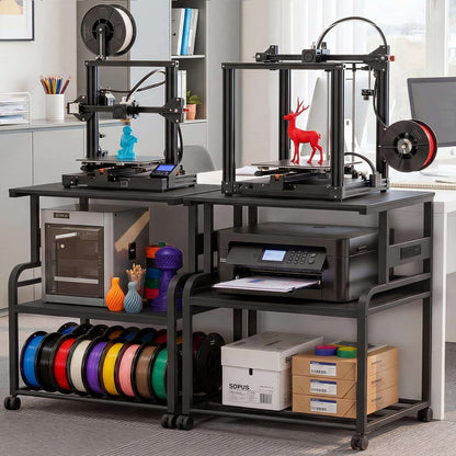 Heavy-Duty 3D Printer Rolling Cart with Power Outlet & Filament Storage, 3-Tier Adjustable Printer Stand for Home Office