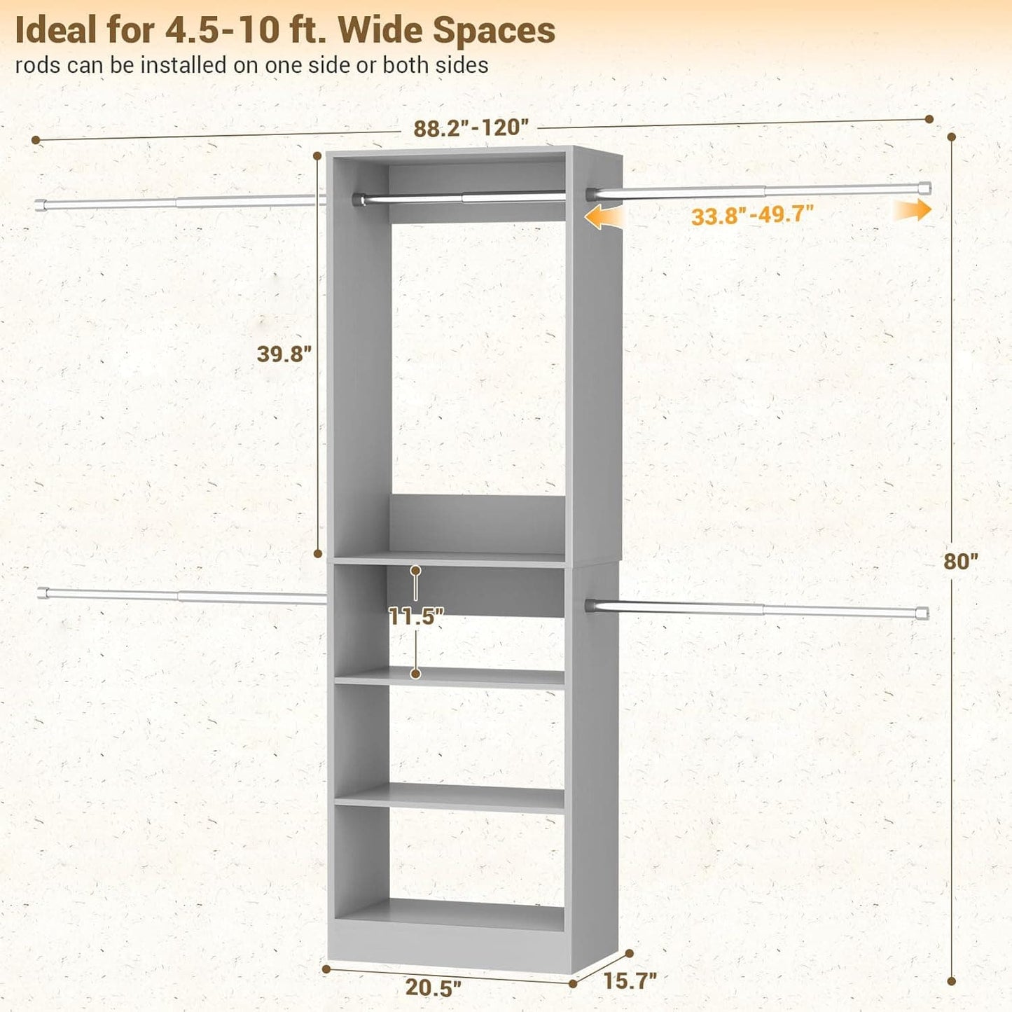 20.5-120'' W Closet Organizer System with 5 Hanging Rods, Shelving Tower