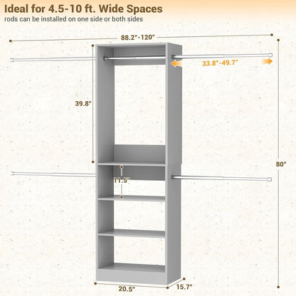 20.5-120'' W Closet Organizer System with 5 Hanging Rods, Shelving Tower