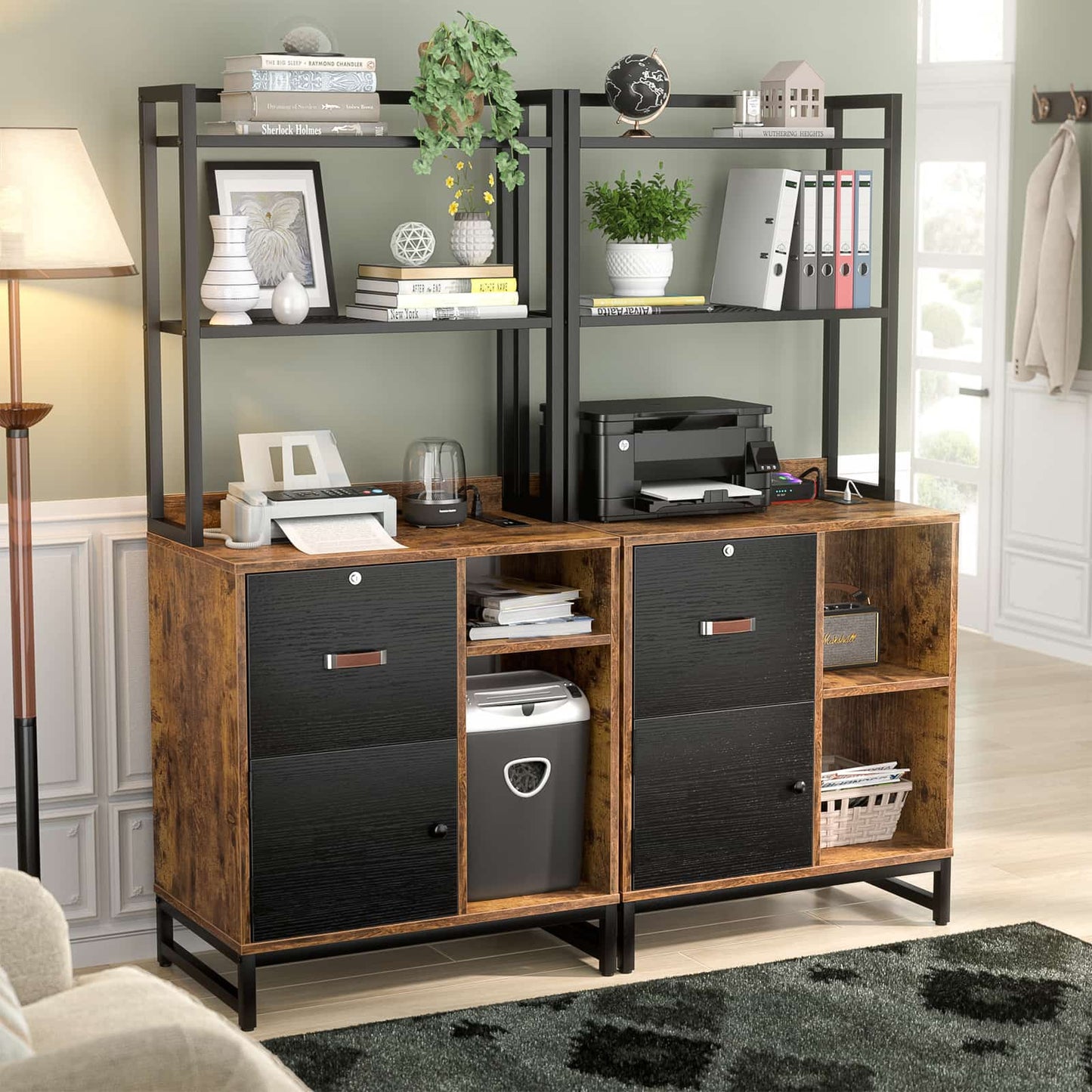 Vertical Filing Cabinet with Lock & Charging Station, Large Drawer Wood File Cabinet with Bookshelf, Printer Stand with Open Storage Shelf