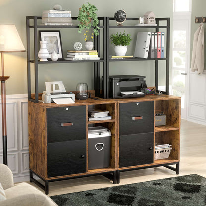 Vertical Filing Cabinet with Lock & Charging Station, Large Drawer Wood File Cabinet with Bookshelf, Printer Stand with Open Storage Shelf
