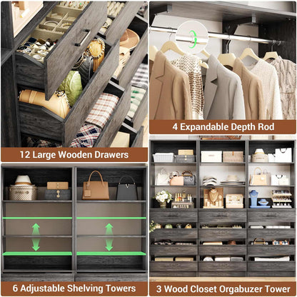 3-Piece L-Shaped Walk-in Closet Organizer System, 138.5" Wood Closet Tower with 12 Drawers & 4 Expandable Hanging Rods, Customizable Wardrobe Storage Set for Bedroom, Apartment