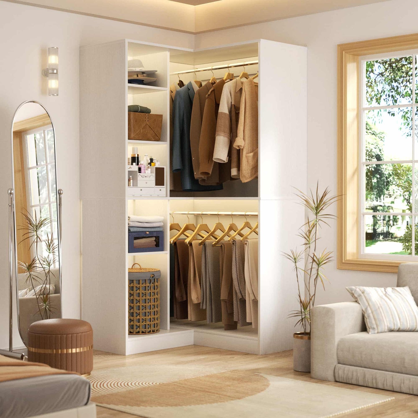 36" Corner Closet System - 2 Rods, Hutches, and 5 Shelves for Versatile Storage, Sturdy and Durable Design Armoire Closet Organizer