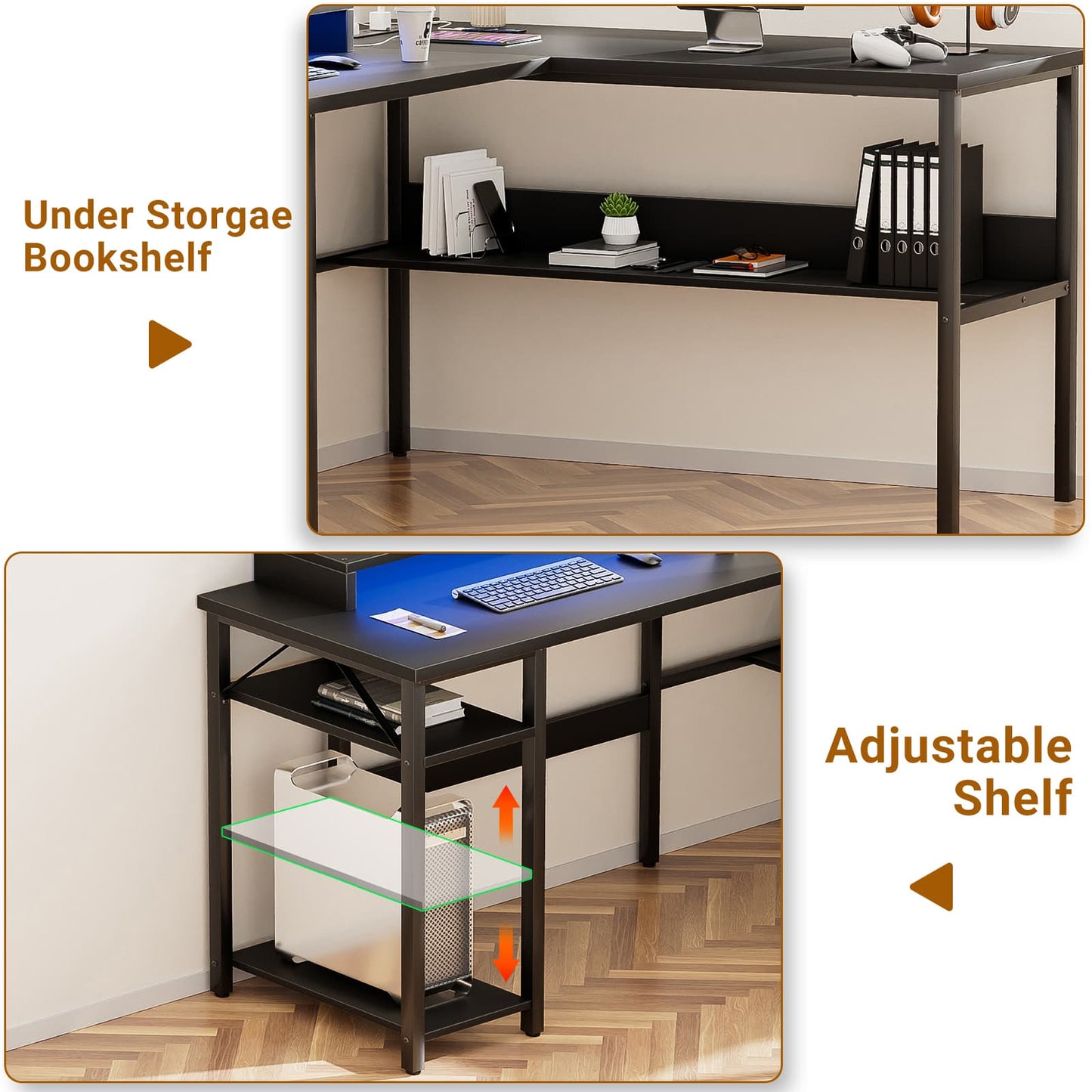 Reversible L Shaped Desk with Magic Power Outlets and USB Charging Ports