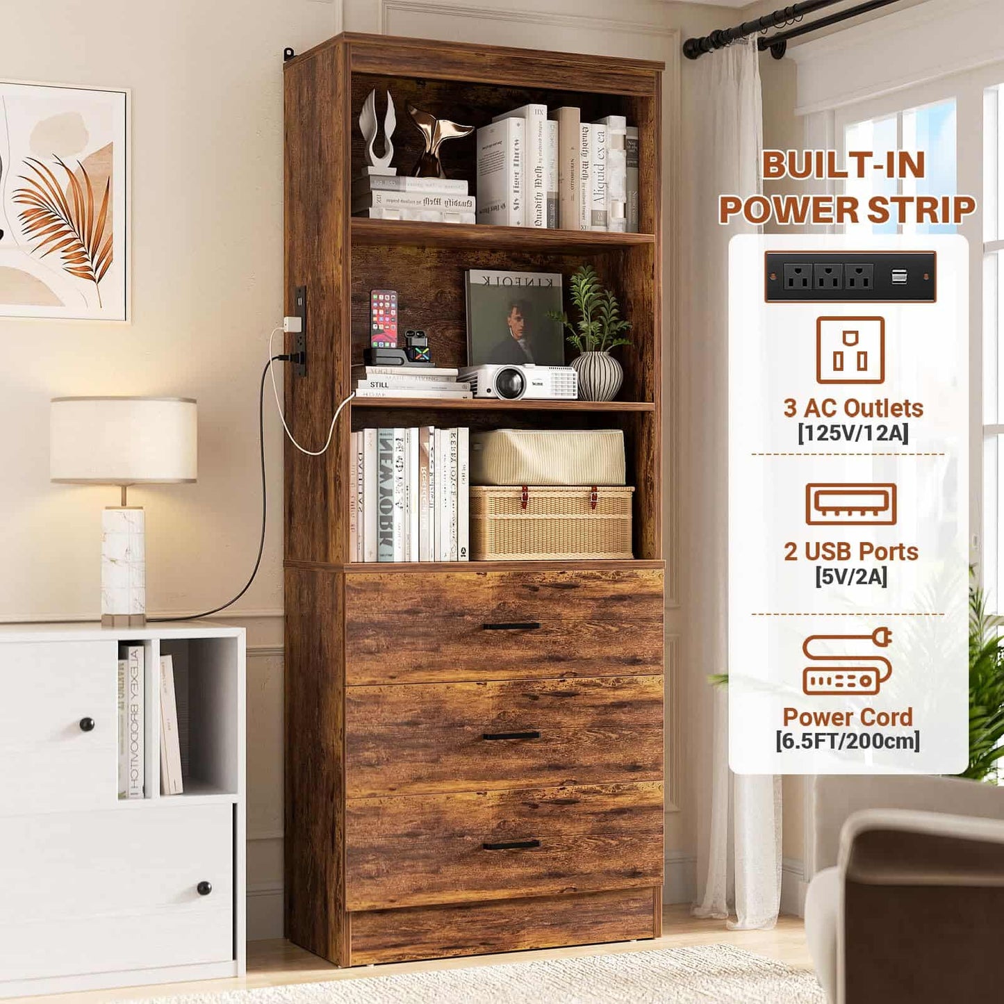 71" Tall Bookcases with 3 Large Drawers & 3 Shelves, Wooden Bookshelf for Living Room Offic