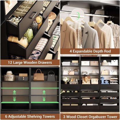 3-Piece L-Shaped Walk-in Closet Organizer System, 138.5" Wood Closet Tower with 12 Drawers & 4 Expandable Hanging Rods, Customizable Wardrobe Storage Set for Bedroom, Apartment