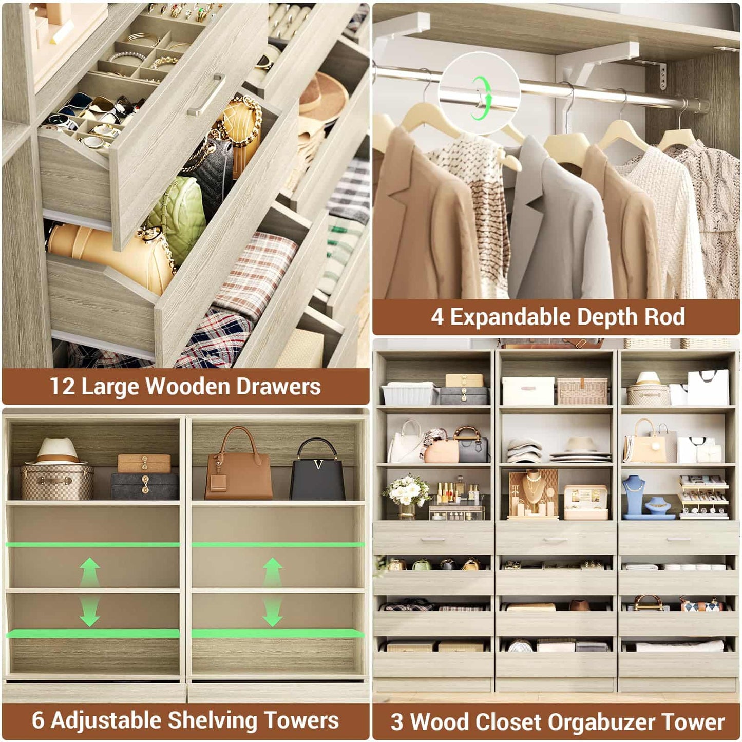 3-Piece L-Shaped Walk-in Closet Organizer System, 138.5" Wood Closet Tower with 12 Drawers & 4 Expandable Hanging Rods, Customizable Wardrobe Storage Set for Bedroom, Apartment