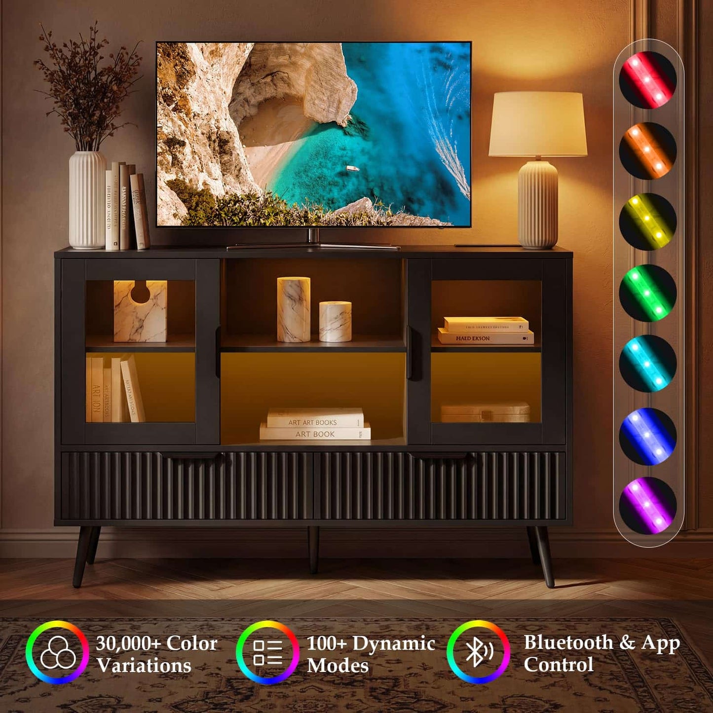 RGB LED TV Stand with Power Outlet, 45" Entertainment Center with 8 Storage Drawers & Cabinets, Vanity Storage Cabinet ,Media Console Fits 30"-55" TVs for Living Room Bedroom
