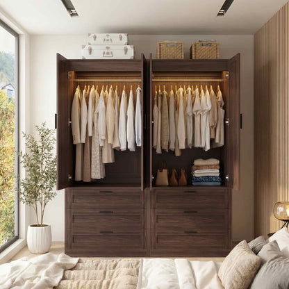 Double Armoire Wardrobe Closet Set - 71" Tall 2-in-1 Storage Cabinets with 6 Drawers, 2 Hanging Rods, 20" Extra Depth, Soft-Close Hinges & Metal Handles