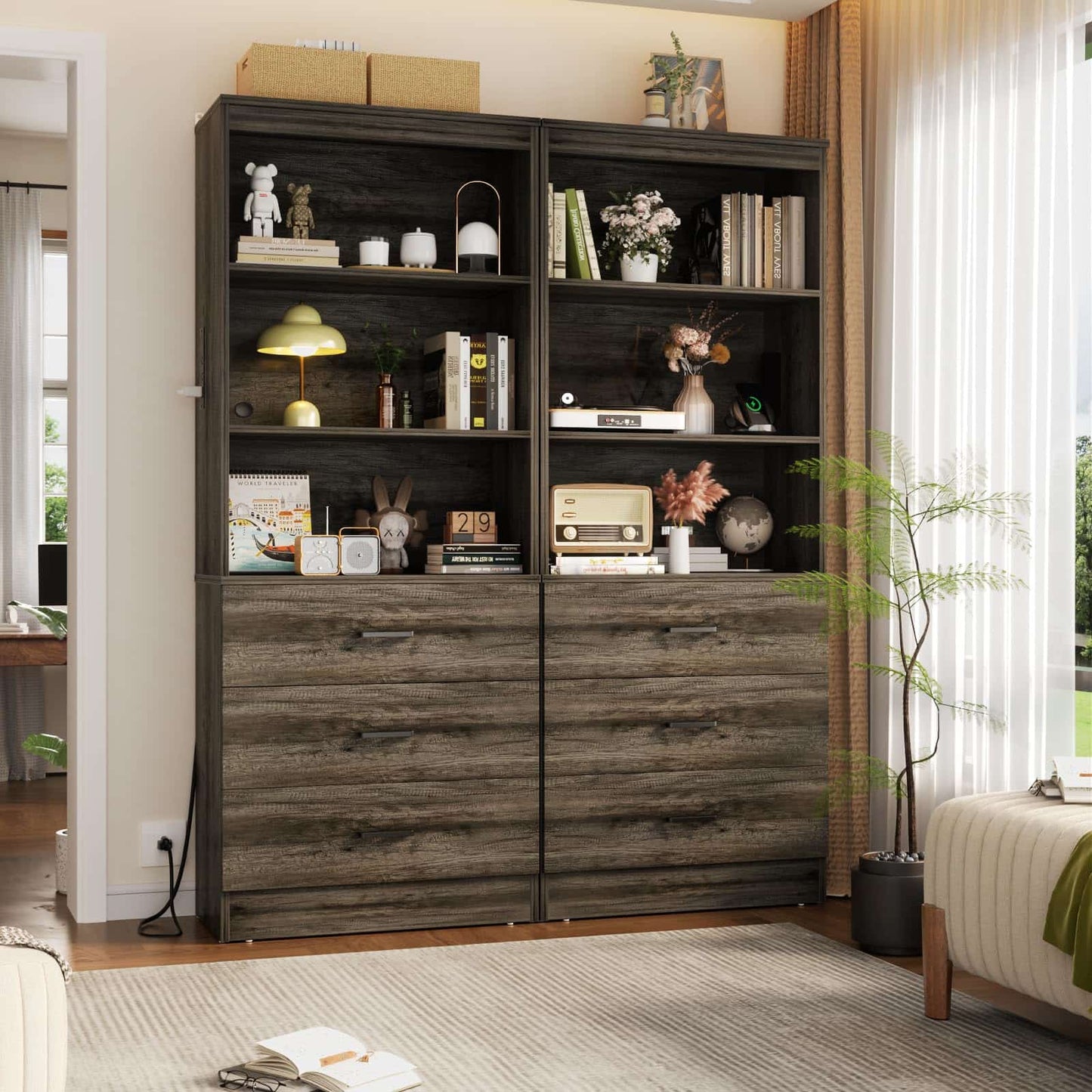 71" Tall Bookcases with 3 Large Drawers & 3 Shelves, Wooden Bookshelf for Living Room Offic