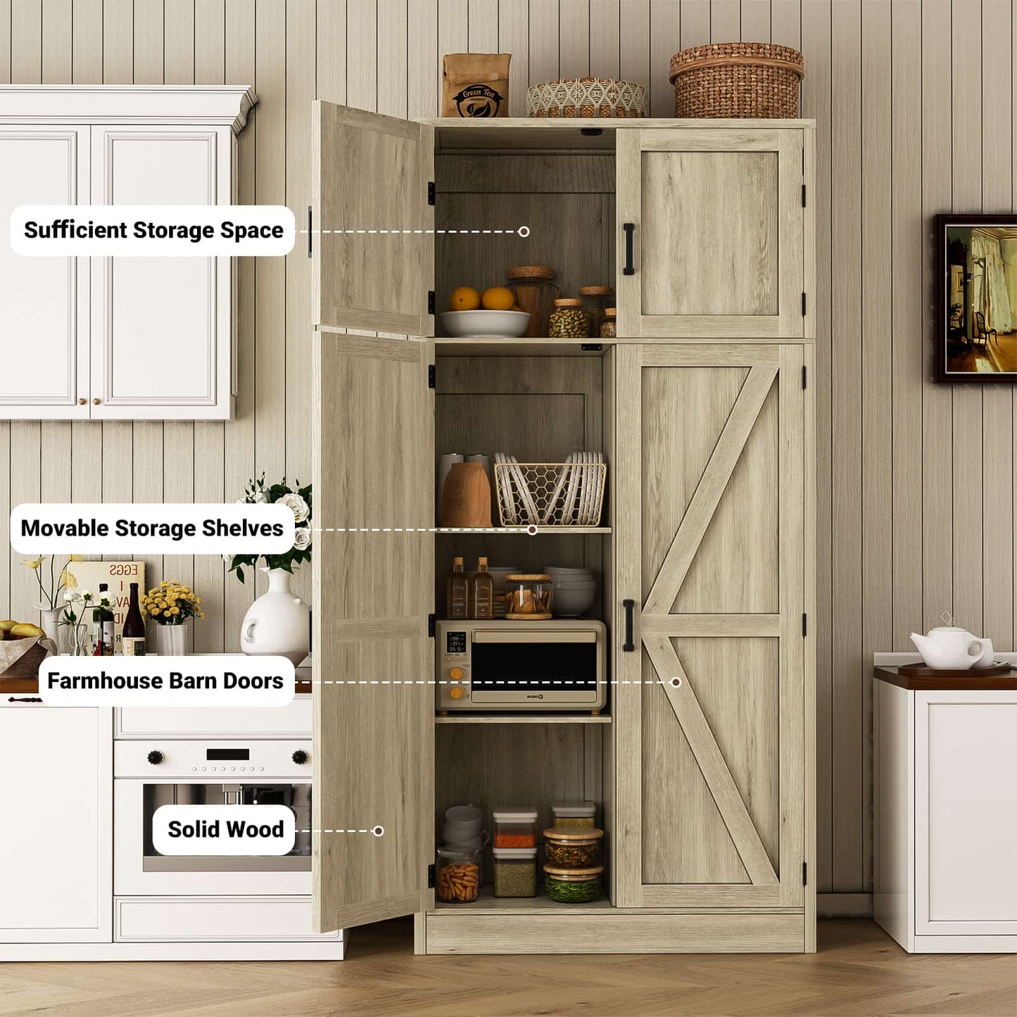 Farmhouse Kitchen Pantry Storage Cabinet with Adjustable Shelves and Barn Doors
