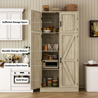 Farmhouse Kitchen Pantry Storage Cabinet with Adjustable Shelves and Barn Doors