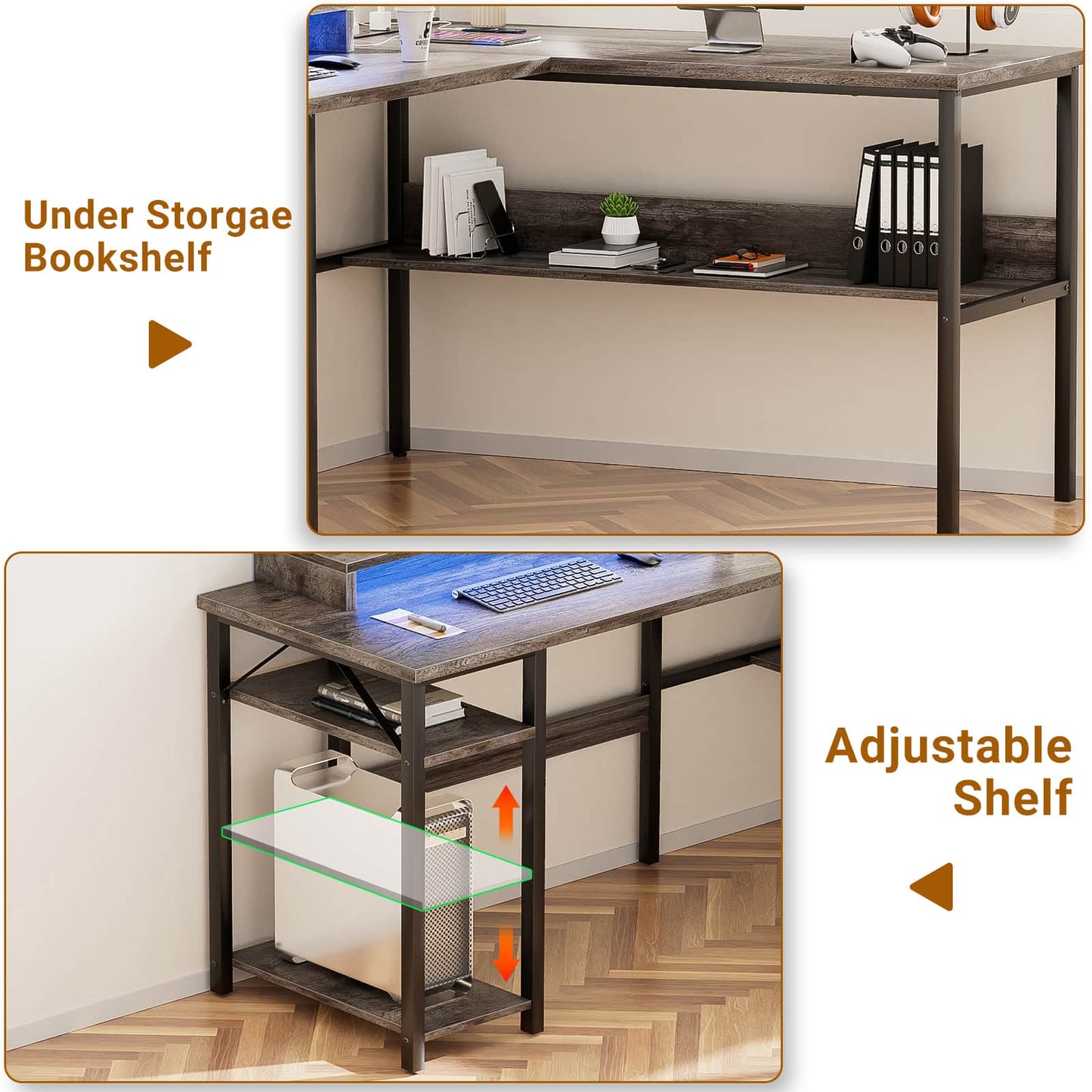Reversible L Shaped Desk with Magic Power Outlets and USB Charging Ports