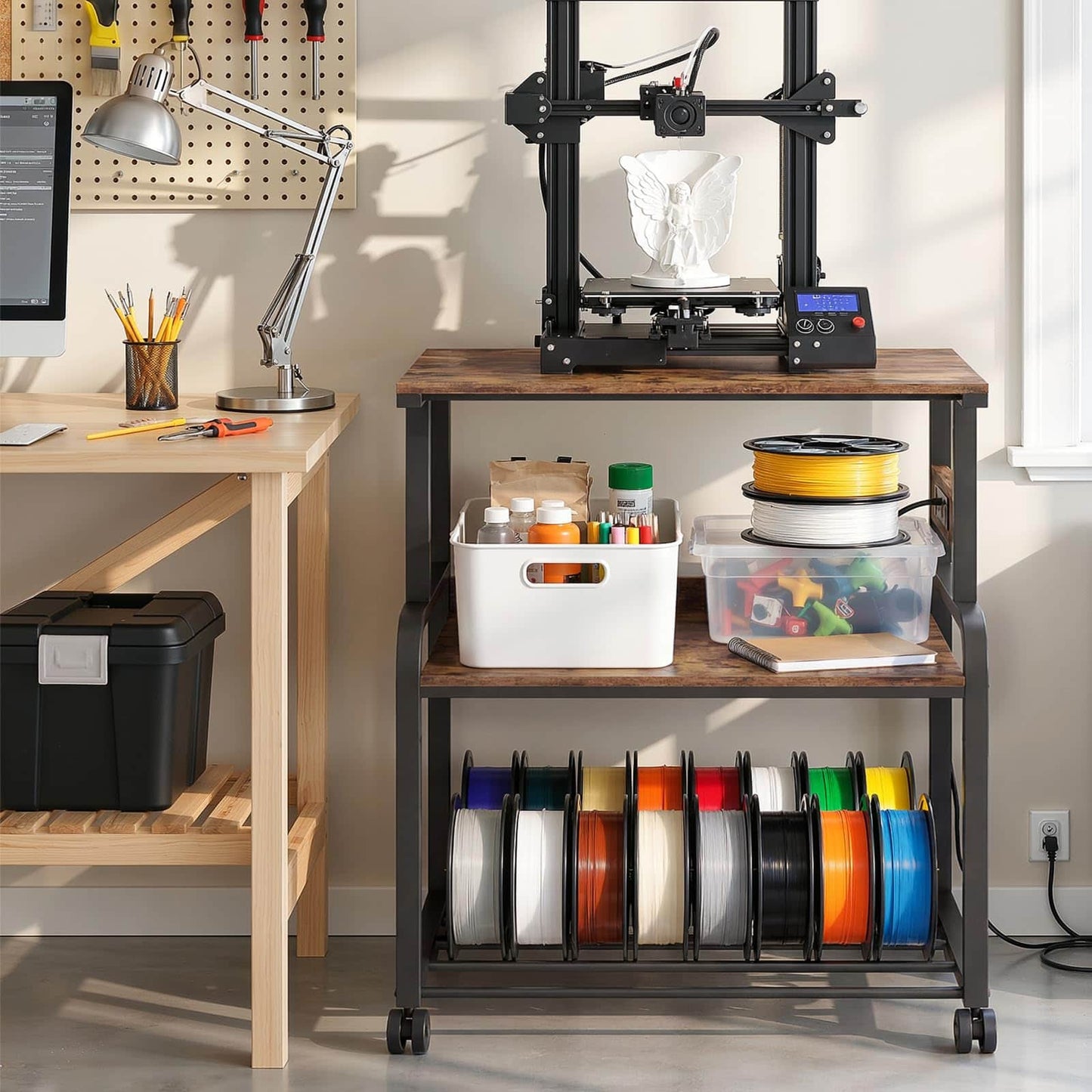 Heavy-Duty 3D Printer Rolling Cart with Power Outlet & Filament Storage, 3-Tier Adjustable Printer Stand for Home Office