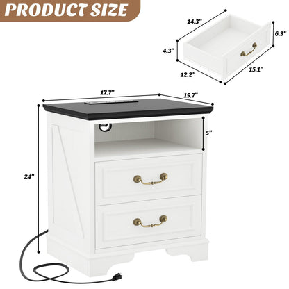 Nightstand with Charging Station -2 USB Ports, 3 AC Outlets, Farmhouse Rustic Wood End Table with 2 Drawers & Open Shelf