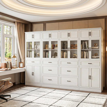 80" Tall Modular Bookshelf and Storage Cabinet Set with Glass Doors and Drawers