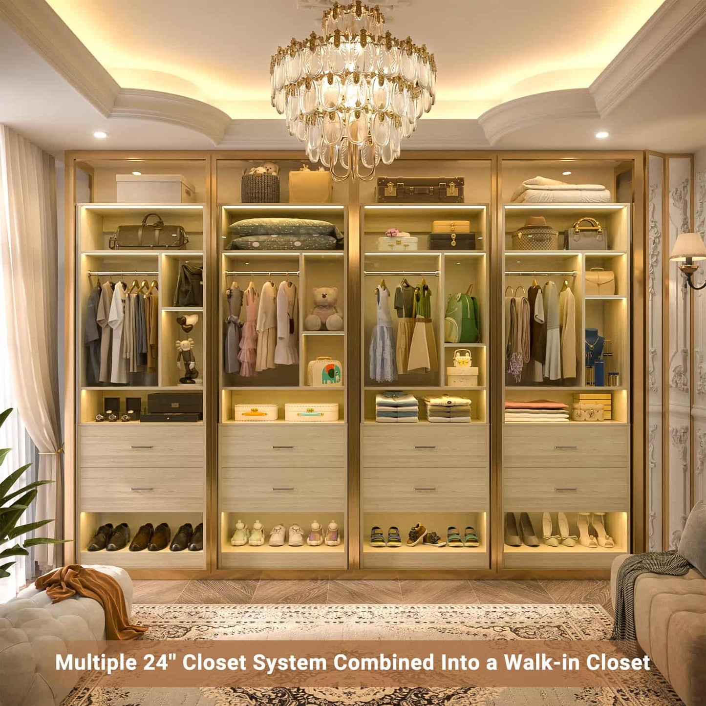 Freestanding 24" Closet System with 2 Wood Drawers, 2FT Small Closet Organizer System with 6 Shelves & Hanging Rod