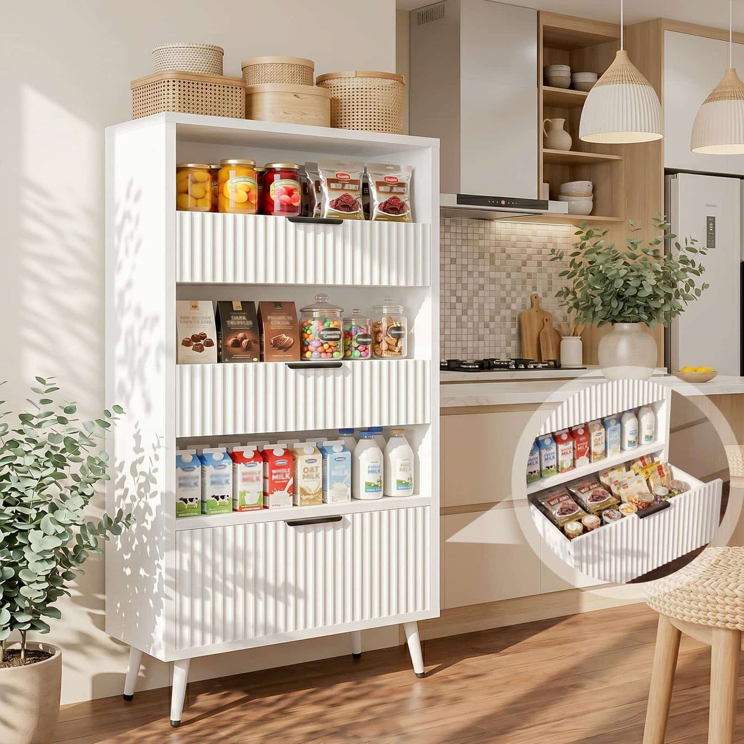 Modern Fluted Storage Cabinet, 51.2" Tall Freestanding Organizer with 3 Drawers & Open Shelf, Versatile Pantry Cabinet for Bathroom, Kitchen, Entryway - Narrow Design for Small Spaces