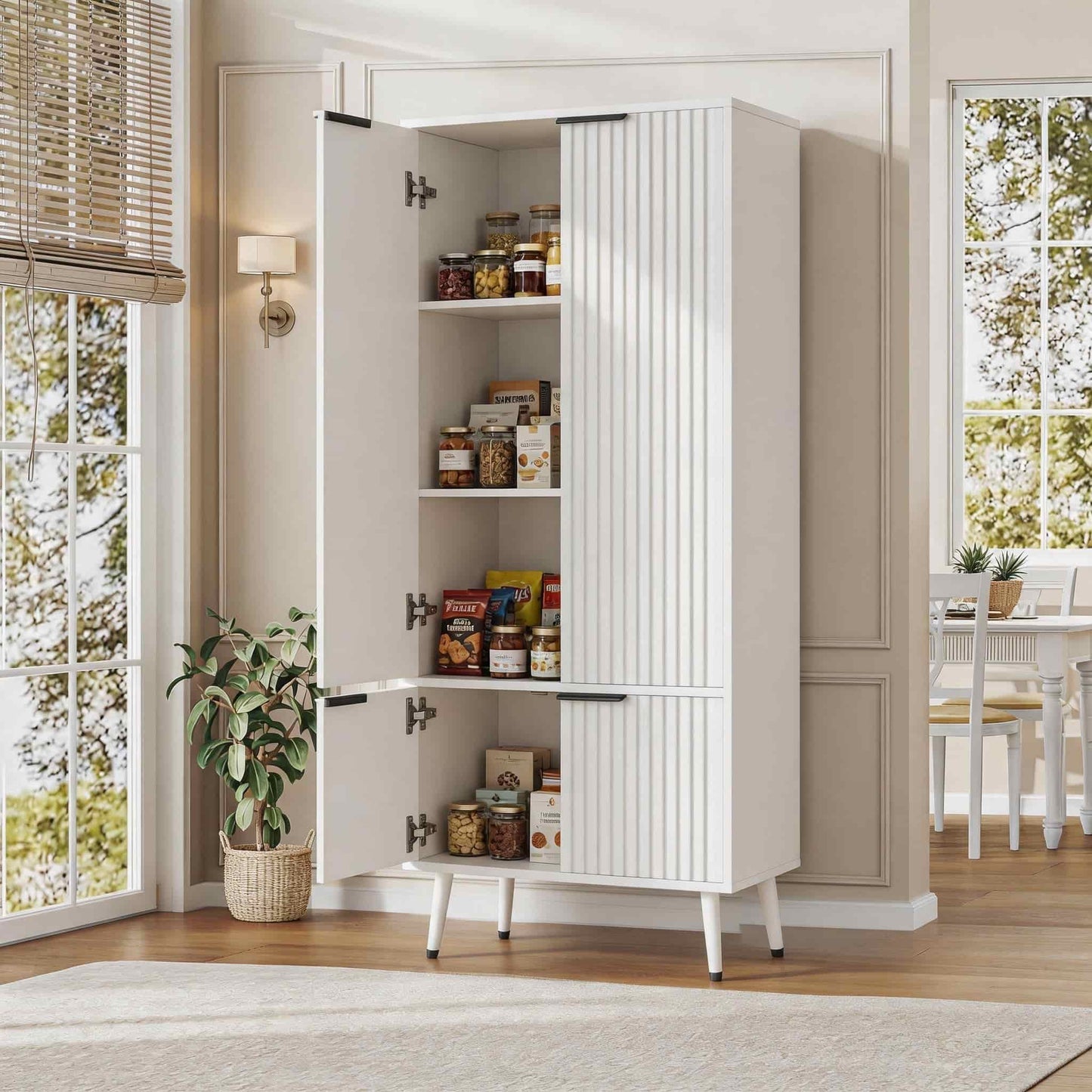 51.2" Freestanding Storage Cabinet with 4 Fluted Doors, Adjustable Shelves & Raised Legs - Wobble-Free Organizer for Bathroom, Kitchen, Living Room