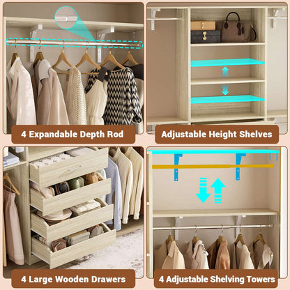 Closet System, 8FT Closet Organizer with 4 Wooden Drawers, Wood Closet Organizer System with Tower, Walk-in Closet Organizer Wardrobe