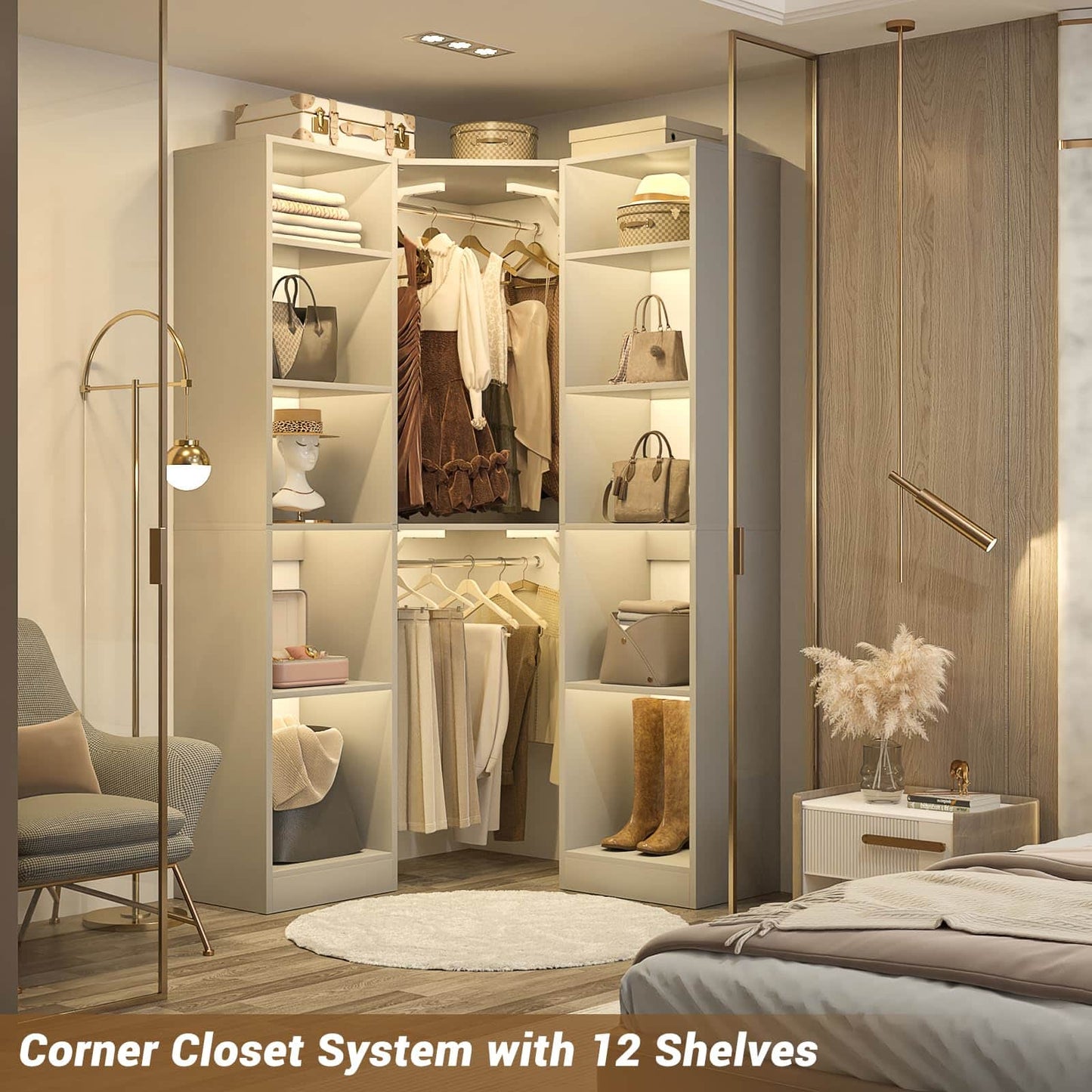 Corner Closet System with 12 Shelves, 40" Large Corner Closet Organizer System with 2 Hanging Rods