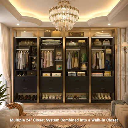 Freestanding 24" Closet System with 2 Wood Drawers, 2FT Small Closet Organizer System with 6 Shelves & Hanging Rod