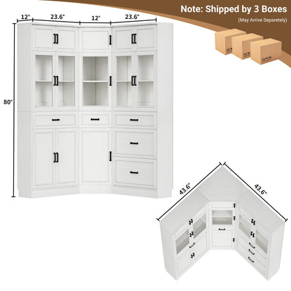 80" Farmhouse Corner Cabinet + Freestanding Pantry Set with Adjustable Shelves, Tempered Glass Doors, Versatile Storage