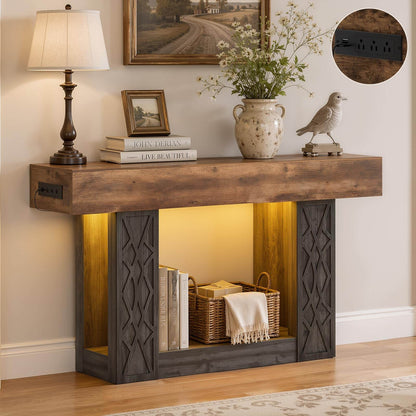 47" Farmhouse Console Table - LED Lights & Outlets, 2-Tier Storage, Lattice Geometric Pattern, Ideal for Entryway, Living Room, Hallway & Foyer