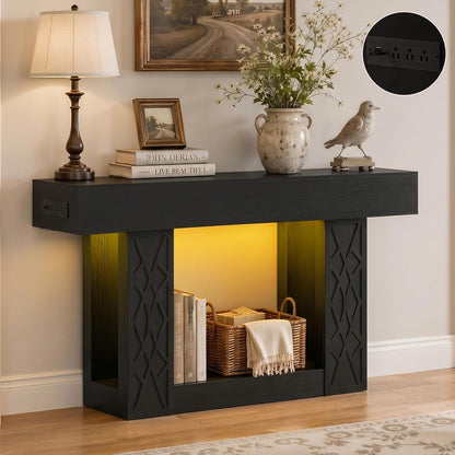 47" Farmhouse Console Table - LED Lights & Outlets, 2-Tier Storage, Lattice Geometric Pattern, Ideal for Entryway, Living Room, Hallway & Foyer